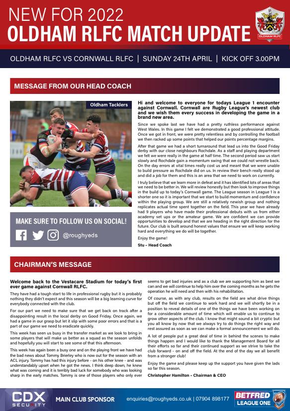 Programme cover: Oldham v Cornwall RLFC, 23 April 2022