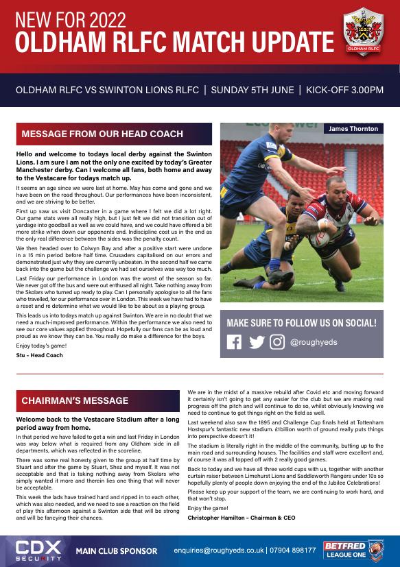 Programme cover: Oldham v Swinton Lions, 5 June 2022