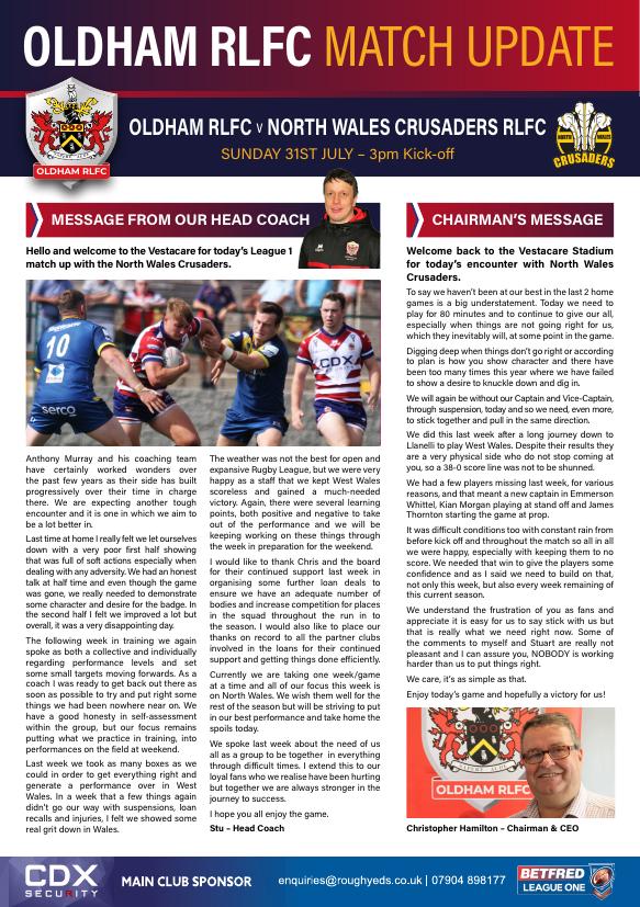 Programme cover: Oldham v North Wales Crusaders, 31 July 2022