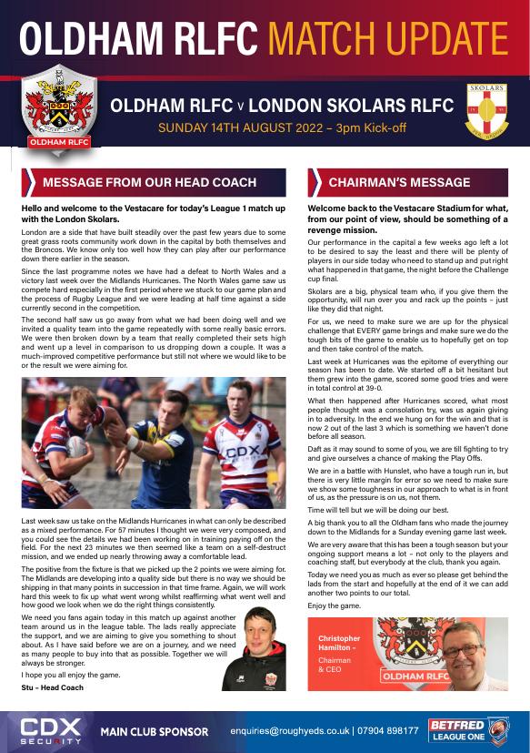 Programme cover: Oldham v London Skolars, 14 August 2022