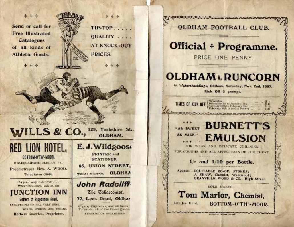 Programme cover: Oldham v Runcorn, 2 November 1907