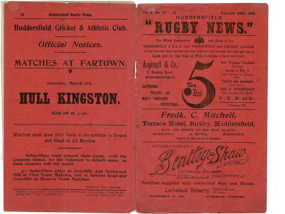 Programme cover: Oldham v Huddersfield, 26 February 1910