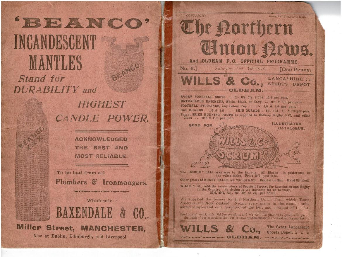 Programme cover: Oldham v Ebbw Vale, 1 October 1910