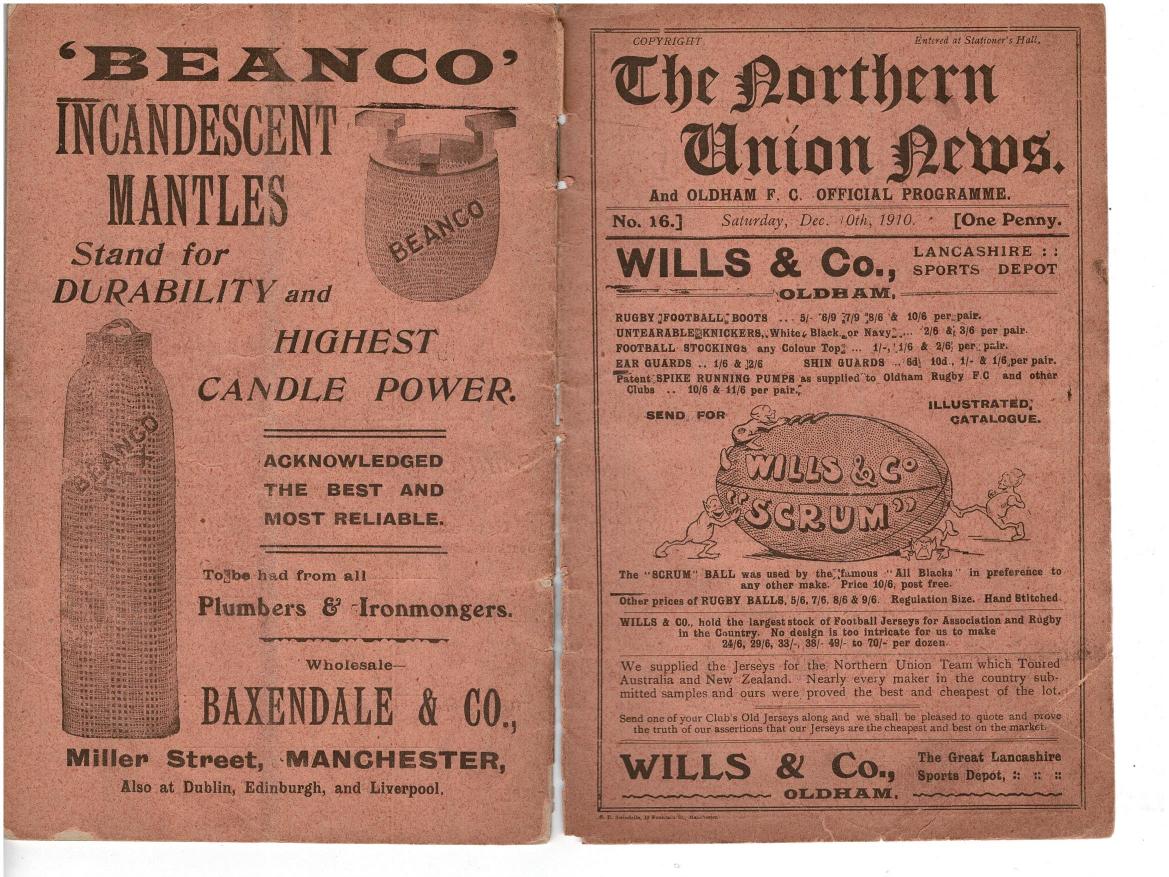 Programme cover: Oldham v St Helens, 10 December 1910