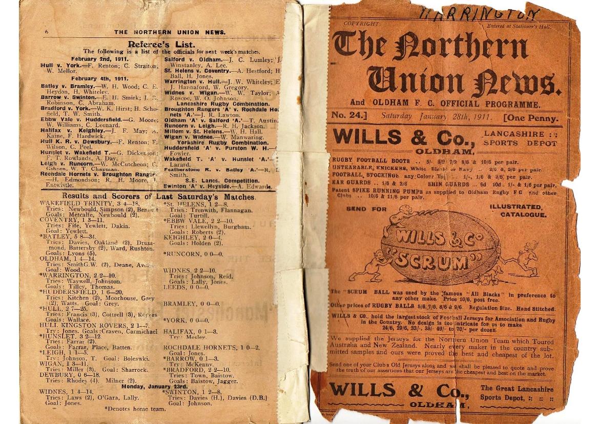 Programme cover: Oldham v Warrington, 28 January 1911