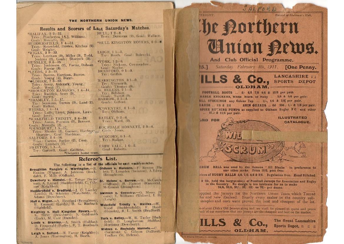 Programme cover: Oldham v Salford, 4 February 1911