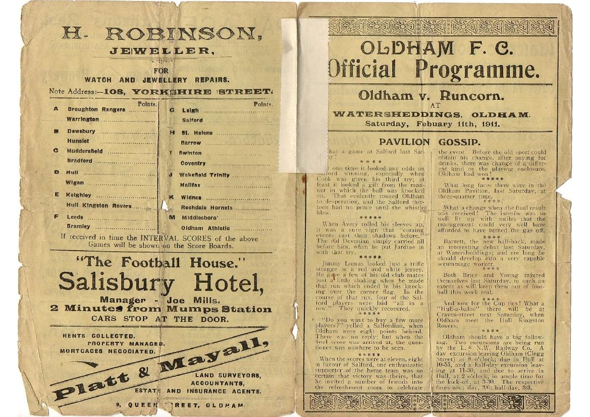 Programme cover: Oldham v Runcorn, 11 February 1911