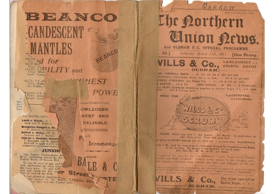 Programme cover: Oldham v Barrow, 11 March 1911