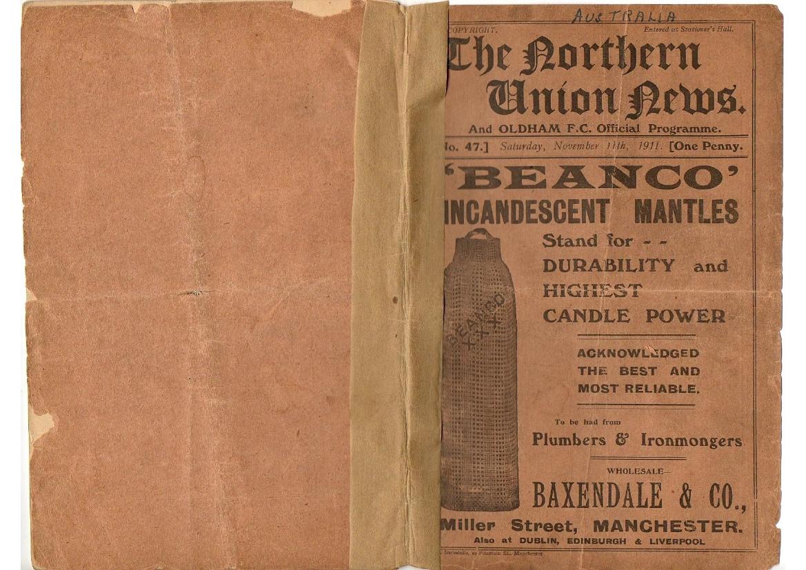 Programme cover: Oldham v Australia, 11 November 1911