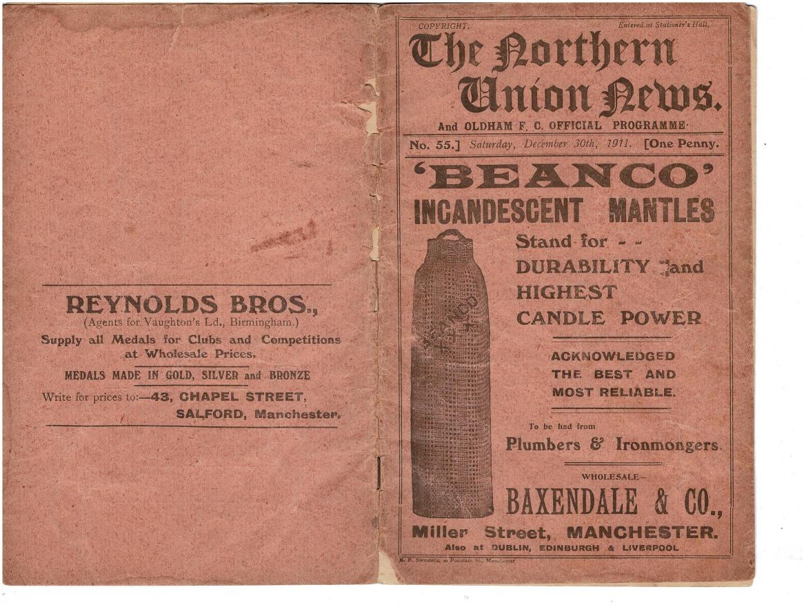 Programme cover: Oldham v St Helens, 30 December 1911
