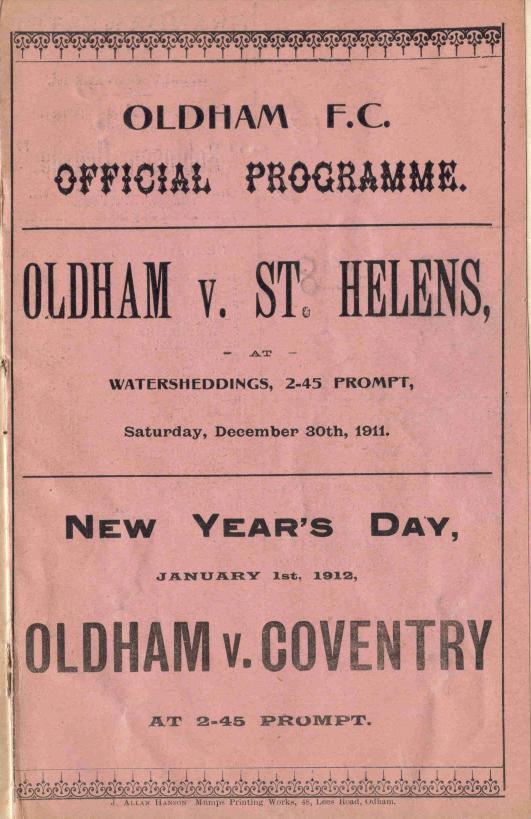 Programme cover: Oldham v Coventry, 1 January 1912