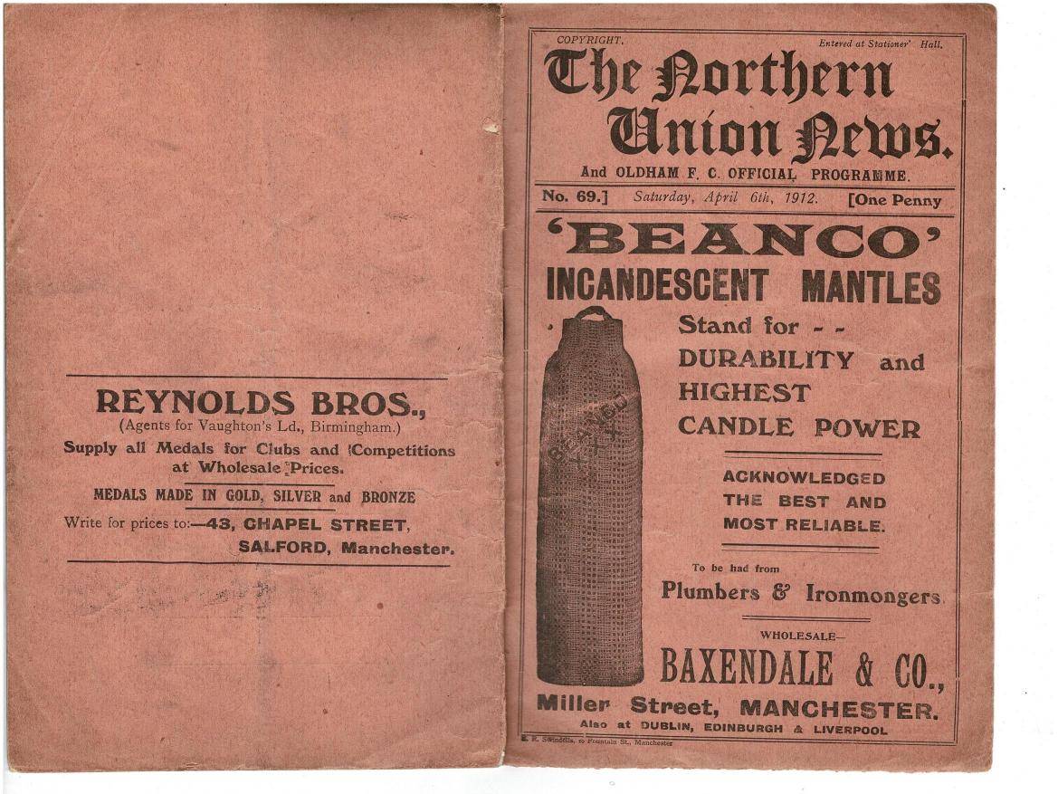 Programme cover: Oldham v Salford, 6 April 1912