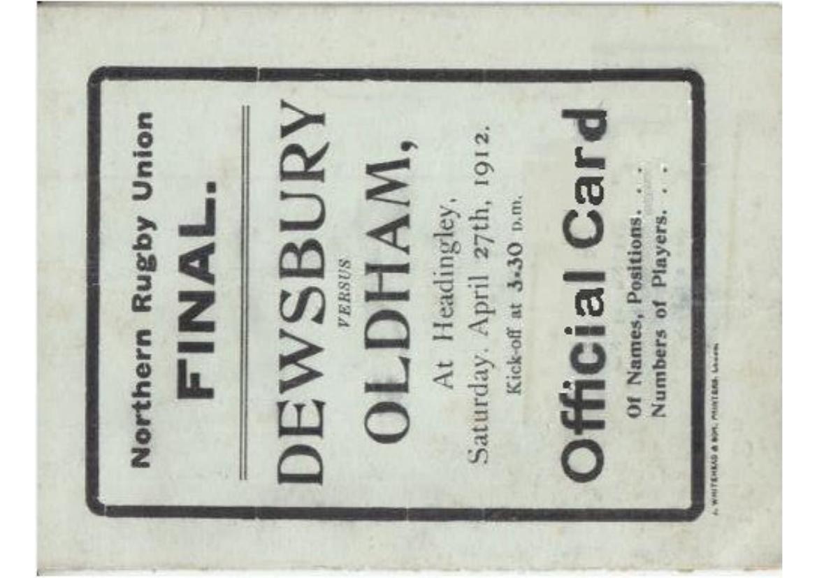 Programme cover: Oldham v Dewsbury, 27 April 1912