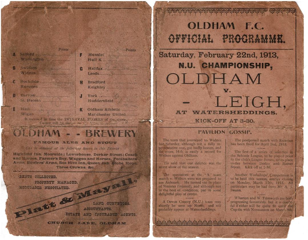 Programme cover: Oldham v Leigh, 22 February 1913