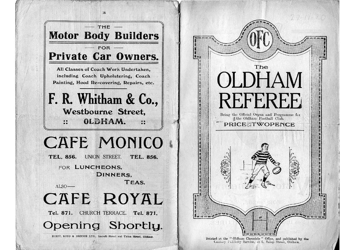 Programme cover: Oldham v Widnes, 27 November 1920