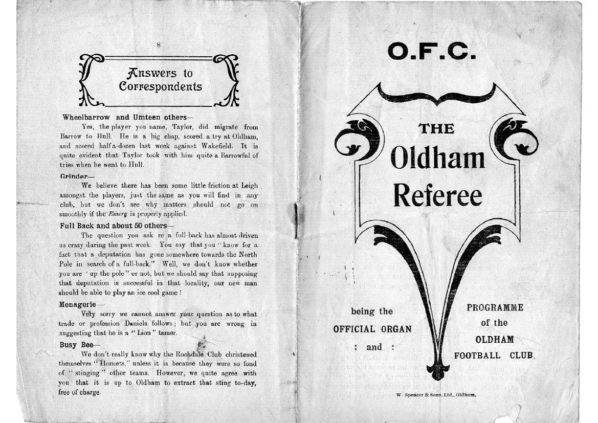 Programme cover: Oldham v Rochdale Hornets, 22 January 1921