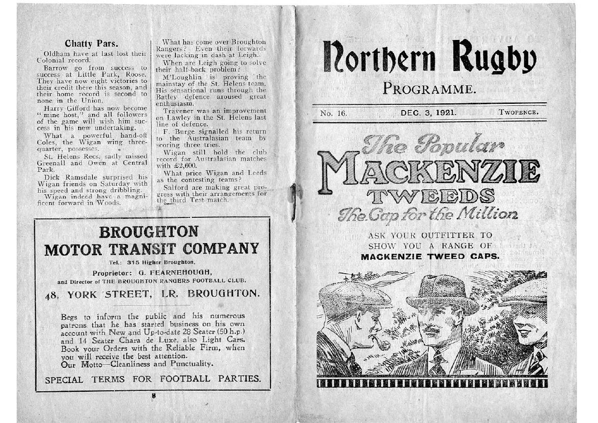 Programme cover: Oldham v Warrington, 3 December 1921