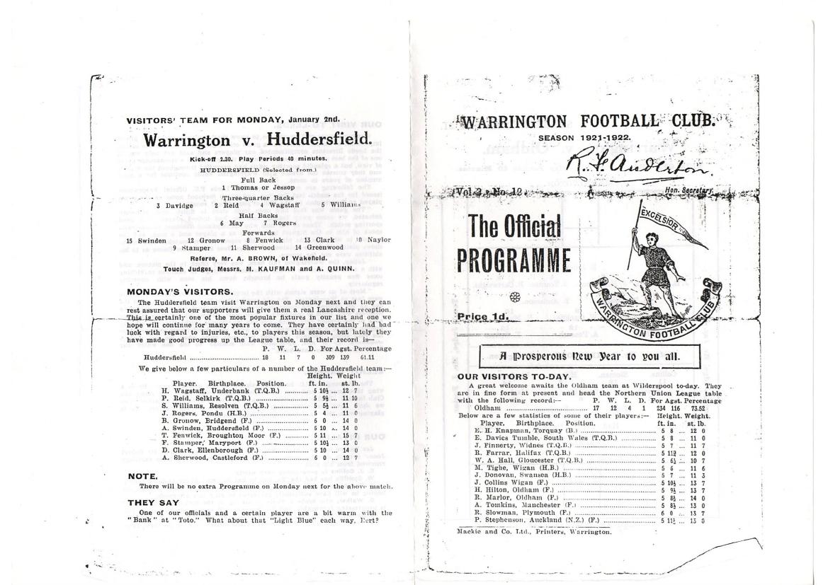 Programme cover: Oldham v Warrington, 31 December 1921