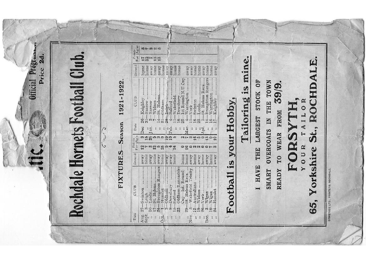 Programme cover: Oldham v Rochdale Hornets, 21 January 1922